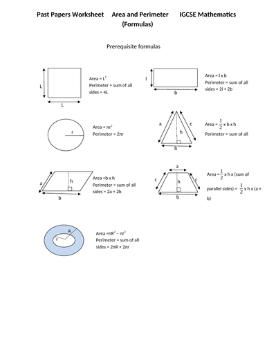 Area and Perimeter , IGCSE Mathematics 0580 , Past Papers Worksheet