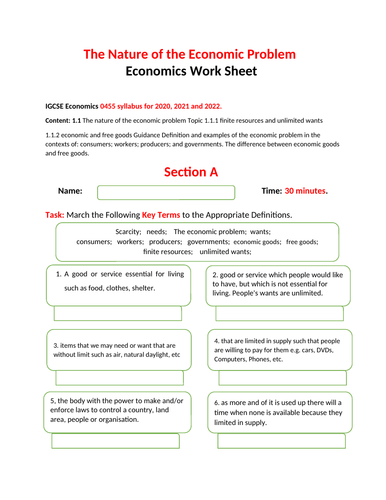 Worksheet on Nature of Economic Problems