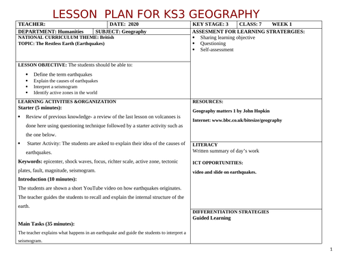 Lesson Plan for KS3 Geography: Seven Weeks Lesson Plan.