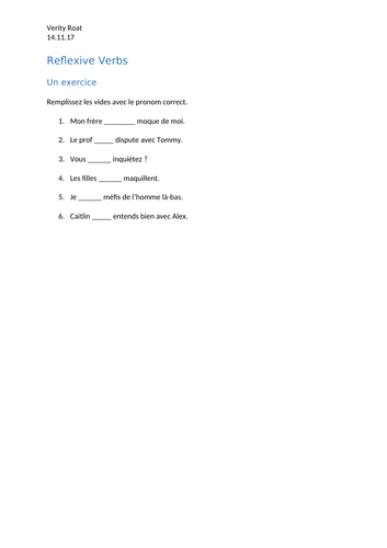 French Reflexive Verbs Exercise Worksheet
