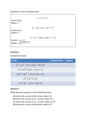 Equation of a Circle Worksheet