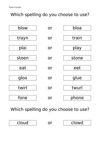 Phase 5 choose to use alternative spelling work sheets