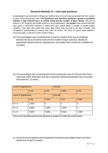 A-Level Psychology, 3 x packs [36 pages] of Research Methods style questions (2 with answers)