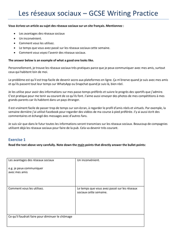 GCSE French Writing Practise: 'Les réseaux sociaux'