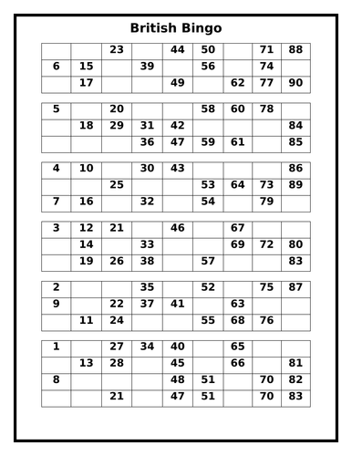 Numbers 1 to 90 British Bingo 6 Pack | Teaching Resources
