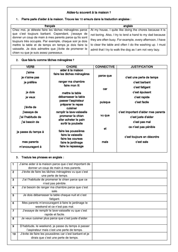 French Chores / Tâches ménagères resources for GCSE