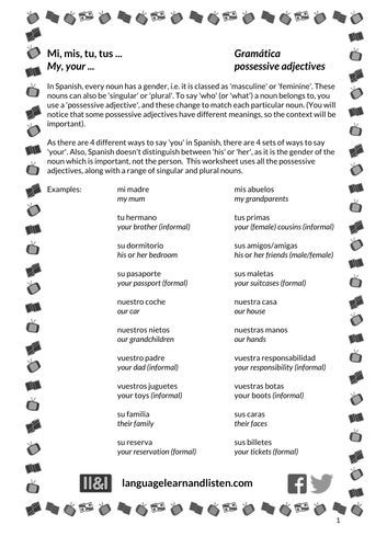 Spanish - Possessive adjectives - Mi, mis, tu, tus ... (My, your ...)