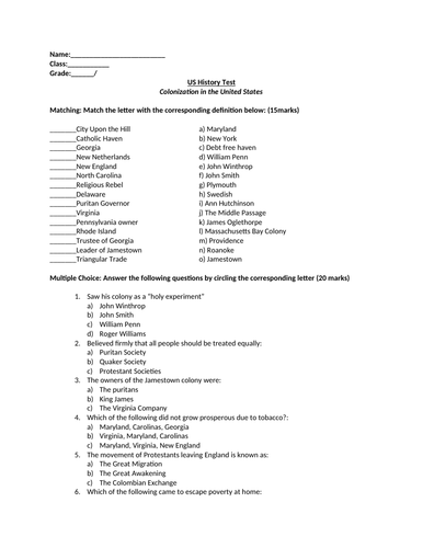 US History Test-Colonization in the United States