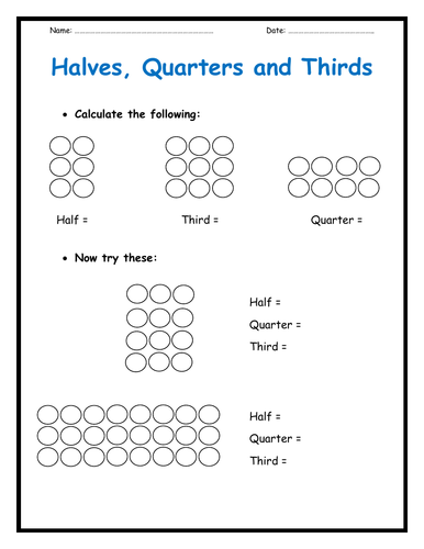 Halves, Quarters and Thirds  Worksheets