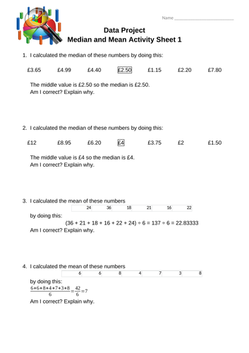 Median and mean worksheet
