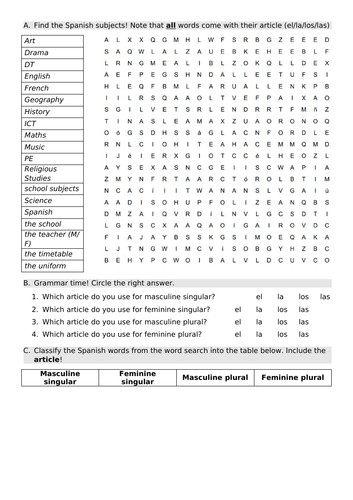 School subjects worksheet