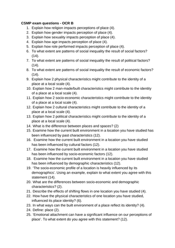 Changing Spaces, Making Places AS Level Geography OCR B exam questions