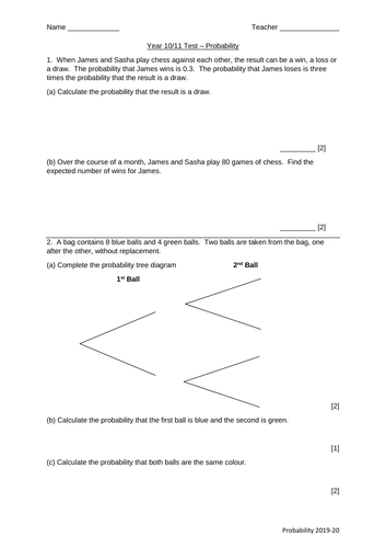 IGCSE Probability Test 2019-20