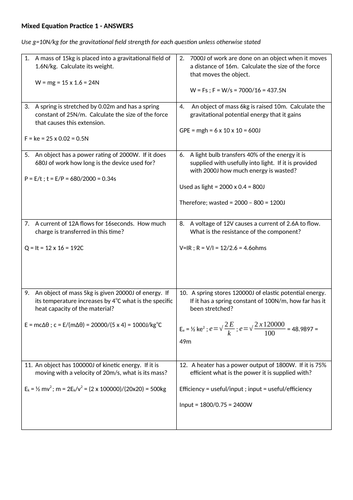 Part 1 Physics Equations Practice Questions (and answers)