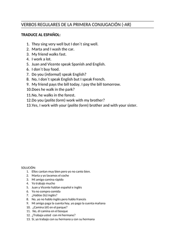 CONJUGATION PRACTISE  PRESENT INDICATIVE REGULAR VERBS  ENDING IN -AR