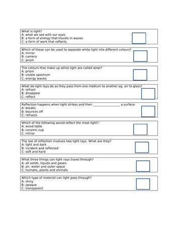 Year 5 or 6 LIGHT ASSESSMENT