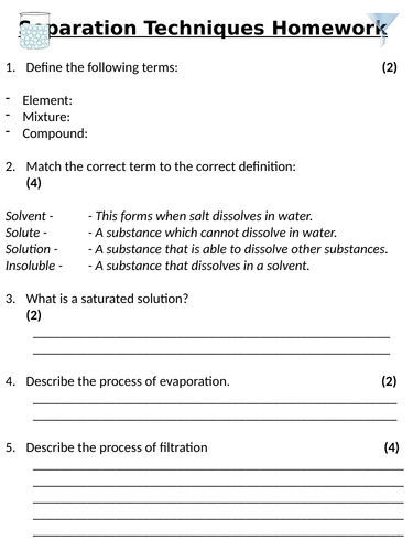 ks3 year 8 separation techniques homework teaching resources