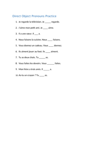 French Direct Object Pronoun Practice