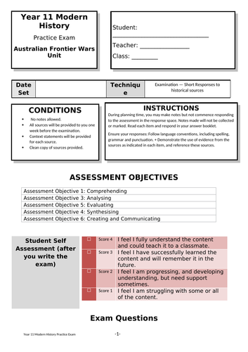 Australian Frontier Wars - 11 Modern History – Practice exam