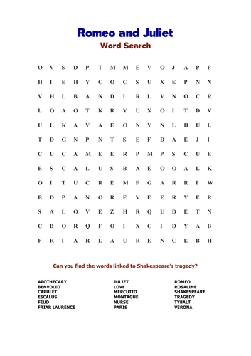 Romeo And Juliet Word Searches