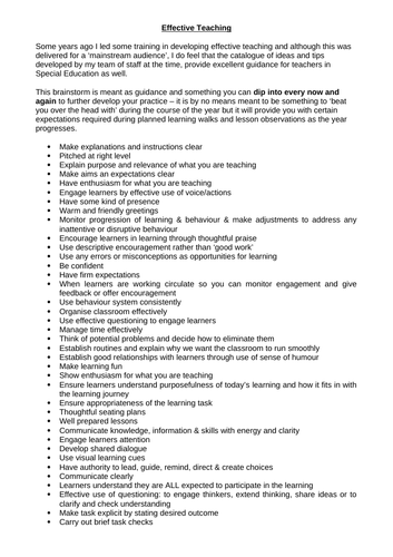 Effective Teaching - A three page brainstorm of tips for effective Teaching and Learning
