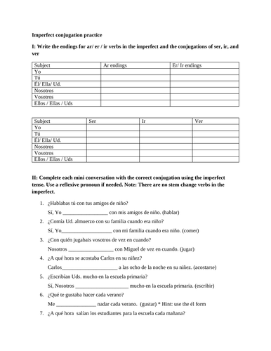 Imperfect tense questions practice