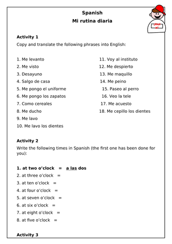 Spanish - Daily Routine and Time Worksheet - Mi rutina - La hora