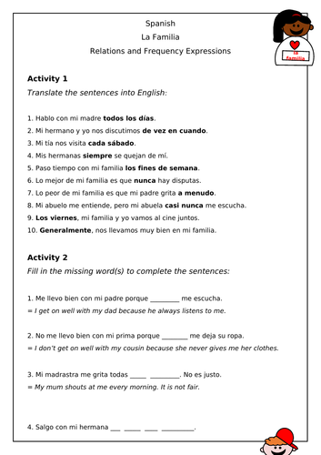 Spanish - Family and Frequency/Time Expressions - Worksheet - La familia