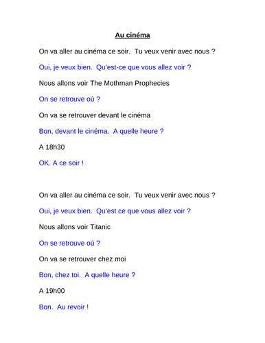 Au cinema - role play practice for GCSE French