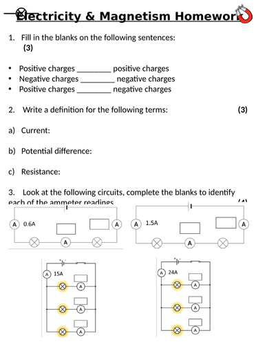 KS3 ~ Year 8 ~ Electricity & Magnetism Homework