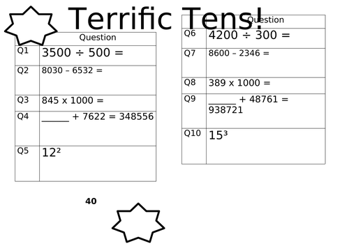 Terriffic Tens Maths Questions Year 5