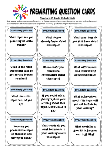 Kagan Structures #9 Inside Outside Circle: Prewriting Question Cards