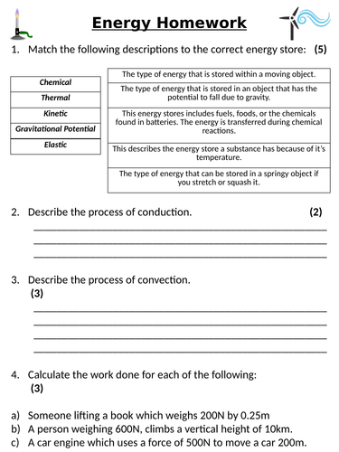 Ks3 Year 8 Energy Homework Teaching Resources