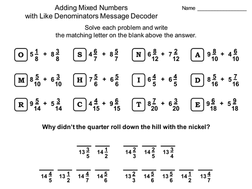 Adding Mixed Numbers with Like Denominators Activity: Math Message Decoder