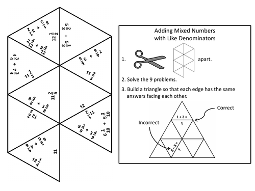 Adding Mixed Numbers with Like Denominators Game: Math Tarsia Puzzle