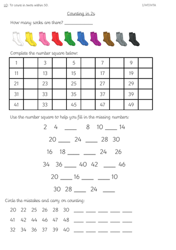 Year 1 Counting In 2s Differentiated Worksheets