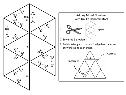 Adding Mixed Numbers with Unlike Denominators Game: Math Tarsia Puzzle