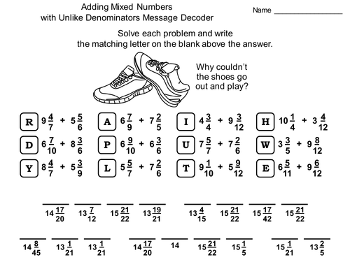 Adding Mixed Numbers with Unlike Denominators Activity: Math Message Decoder
