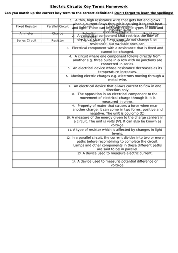 Electricity Key Terms Sheet GCSE AQA Physics Trilogy