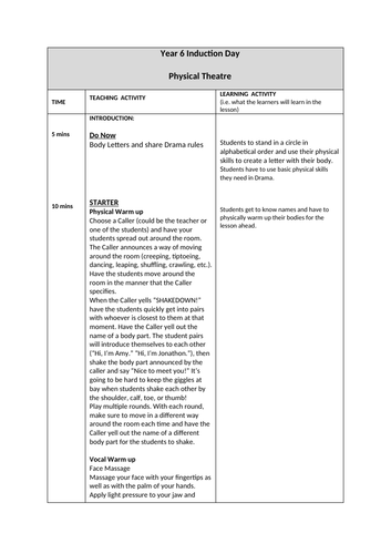 Year 6 Induction Physical Theatre Lesson