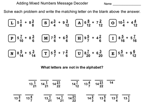 Adding Mixed Numbers Activity: Math Message Decoder (Like & Unlike Denominators)