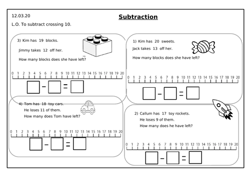Year 1 subtraction crossing 10 word problems