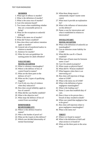 TEST YOUR KNOWLEDGE QUESTIONS ON ENTIRE CRIME TOPIC YEAR 2 - AQA A-LEVEL LAW