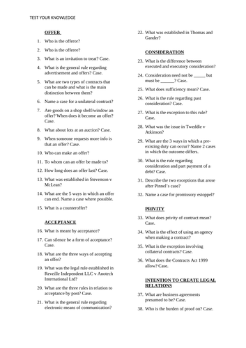 TEST YOUR KNOWLEDGE QUESTIONS ON ENTIRE CONTRACT TOPIC YEAR 2 - AQA A-LEVEL LAW