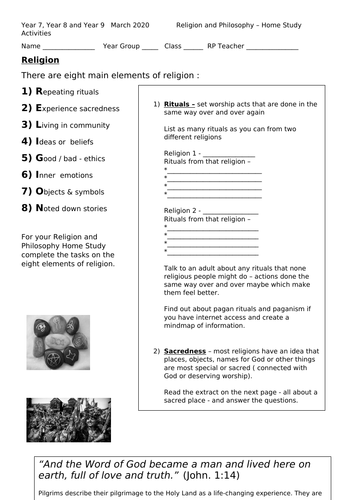 RE school closure home work pack