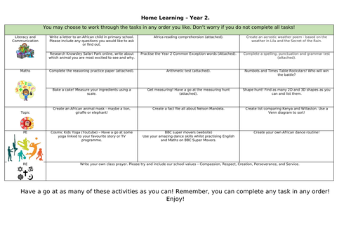 homework year 2 - emergency - activities to do at home