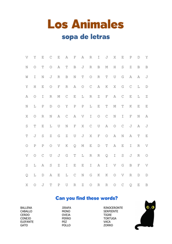 Los Animales: Word Search (Spanish)
