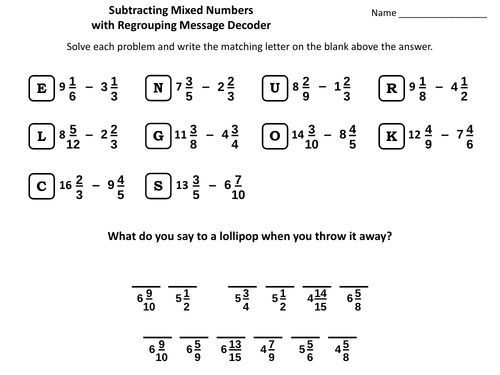 Subtracting Mixed Numbers With Regrouping Activity: Math Message Decoder