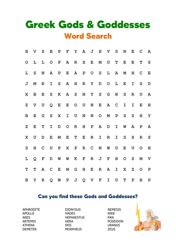 Greek Gods & Goddesses: Word Search