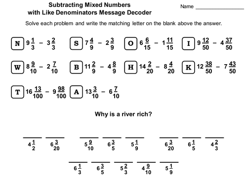 Subtracting Mixed Numbers With Like Denominators Activity: Math Message Decoder